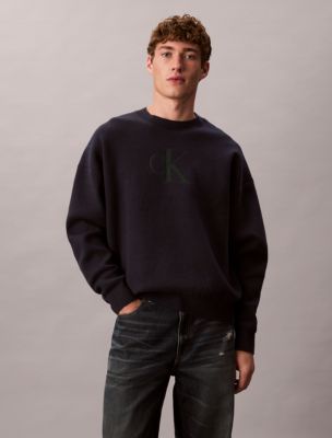 Cotton Blend Monogram Relaxed Sweater, Blue