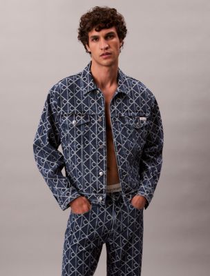 Allover Logo 90s Trucker Jacket, Indigo Emblem