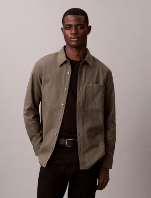 Melange Flannel Relaxed Button-Down Shirt, Fatigue