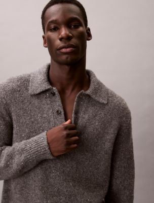 Nep Yarn Polo Sweater, Medium Grey Neps