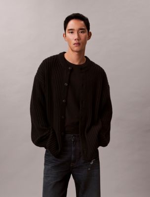 Cotton Blend Ribbed Cardigan, Black