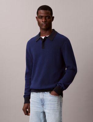 Smooth Cotton Waffle Polo Sweater, Dark Sapphire