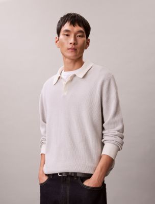 Smooth Cotton Waffle Polo Sweater, Tofu
