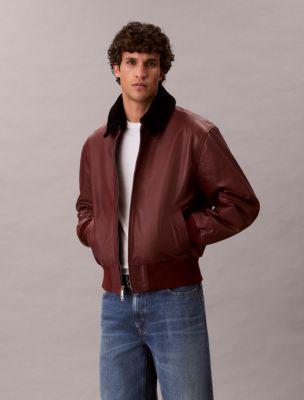 Shearling Collar Leather Bomber Jacket, Mocha Moment