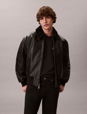 Shearling Collar Leather Bomber Jacket, Black