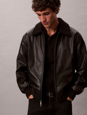 Faux Leather Sherpa Collar Bomber Jacket, Black