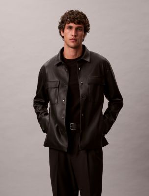 Faux Leather Relaxed Shirt Jacket, Black