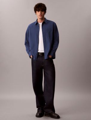 Washed Poplin Relaxed Button-Down Shirt, Dark Denim