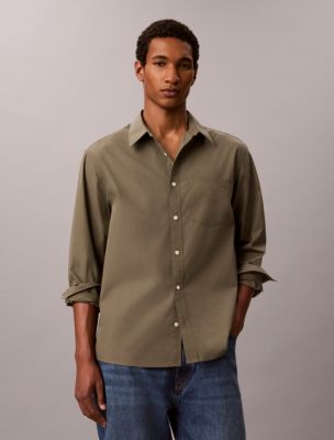 Washed Poplin Relaxed Button-Down Shirt, Dusty Olive