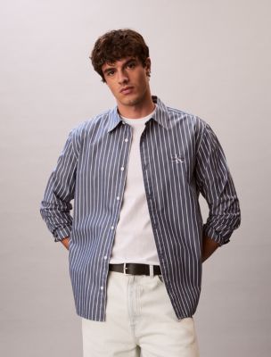 Washed Poplin Stripe Button-Down Shirt, Dark Denim