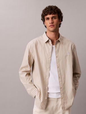 Washed Poplin Stripe Button-Down Shirt, Plaza Taupe