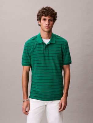 Cotton Pique Stripe Classic Polo Shirt, Enchanted Forest