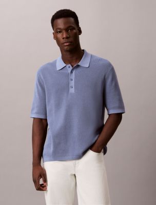 Waffle Cotton Polo Sweater, Dusty Sailor Blue