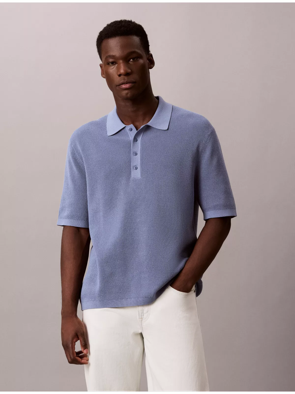 Smooth Cotton Waffle Sweater Polo Shirt
