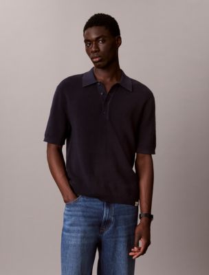 Waffle Cotton Polo Sweater, Dark Sapphire