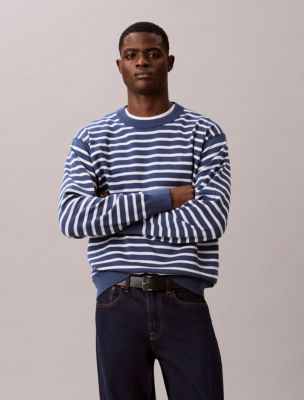 Smooth Cotton Stripe Easy Sweater, Dark Denim