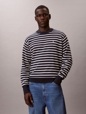 Smooth Cotton Stripe Relaxed Sweater, Dark Sapphire