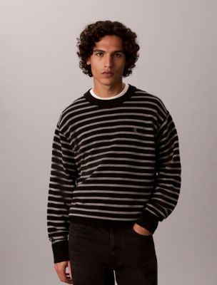 Smooth Cotton Stripe Easy Sweater, Black