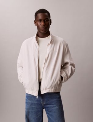 Linen Cotton Mock Neck Jacket, White Sand
