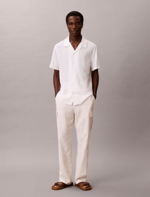 Linen Cotton Relaxed Straight Cargo Pants, White Sand