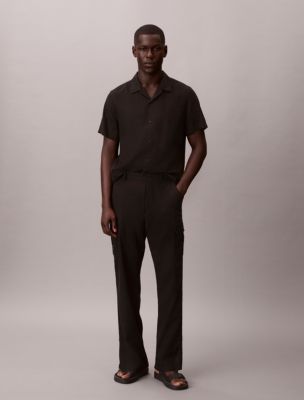 Linen Cotton Relaxed Straight Cargo Pants, Black