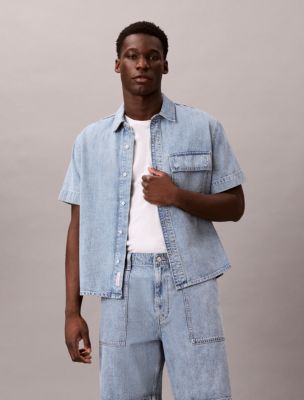 Denim Utility Button-Down Shirt, Shallow Tide