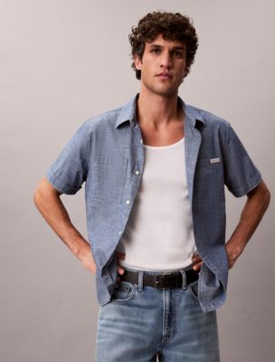 Мужская рубашка Calvin Klein Chambray Classic Button-Down, цвет: Синий — фото 5
