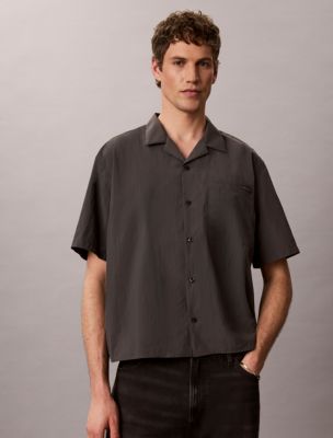 Nylon Camp Collar Relaxed Shirt, Dark Grey