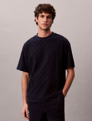 Terry Allover Embossed Emblem Logo Relaxed T-Shirt, Dark Sapphire