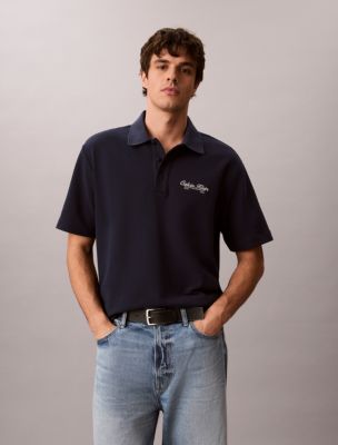 Script Logo Graphic Pique Relaxed Polo Shirt, Dark Sapphire