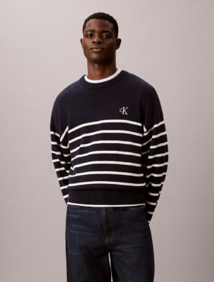 Striped Monogram Logo Relaxed Sweater, Dark Sapphire