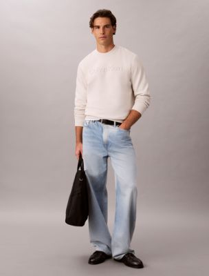 Fleece Embossed Crewneck Sweater, Chalk