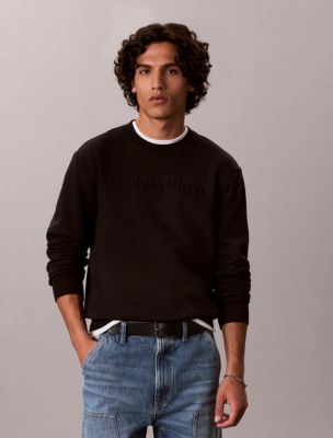 Fleece Embossed Crewneck Sweater, Black