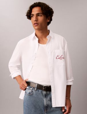 Script Logo Graphic Relaxed Button-Down Shirt, Brilliant White