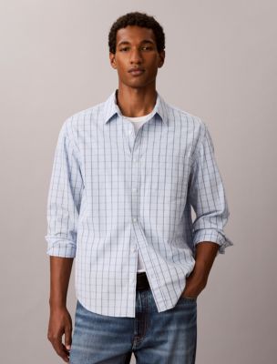 Windowpane Washed Poplin Button-Down Shirt, Breezy Blue 