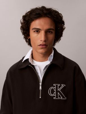 Double Knit Monogram Zip Polo Sweatshirt, Black