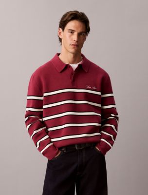 Cotton Stretch Stripe Polo Sweater, Rhododendron