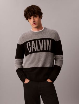 Merino Striped Calvin Logo Sweater, Black