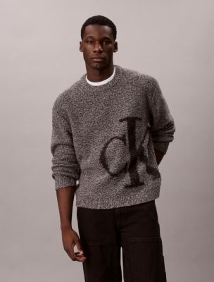 Lambswool Blend Monogram Crewneck Sweater, Medium Grey Mouline