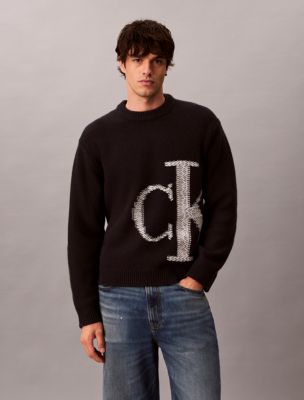 Lambswool Blend Monogram Crewneck Sweater, Black