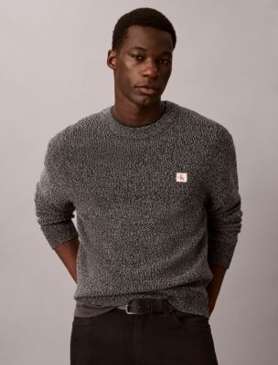 Woven Monologo Waffle Knit Sweater, Black/ Tofu Marl