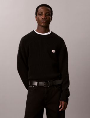Woven Monologo Waffle Knit Sweater, Black