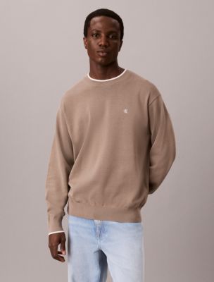 Smooth Cotton Tipped Crewneck Sweater, Taupe Tone