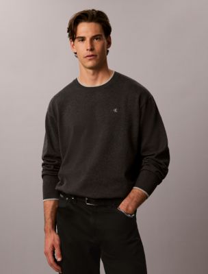Smooth Cotton Tipped Crewneck Sweater, Gunmetal Htr