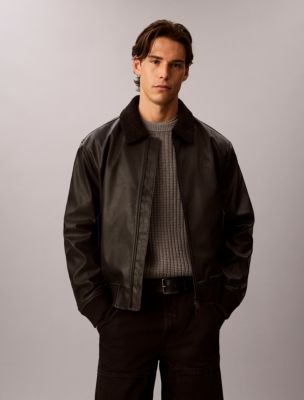 Faux Leather Sherpa Bomber Jacket, Black