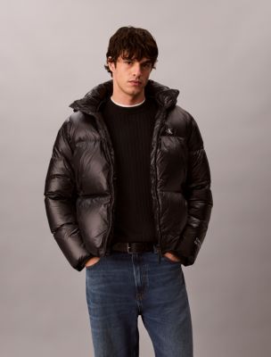 Glossy Detachable Hood Down Puffer Jacket, Black
