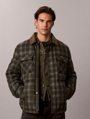 Printed Plaid Down Puffer Jacket, Dark Green  Heather