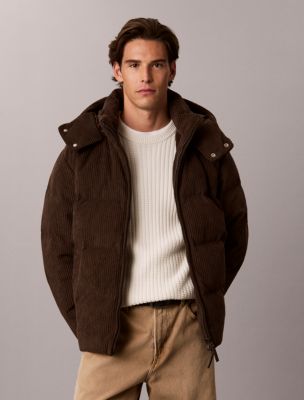 Corduroy Hooded Down Puffer Jacket, Dark Coffee