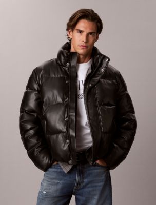 Faux Leather Puffer Jacket, Black