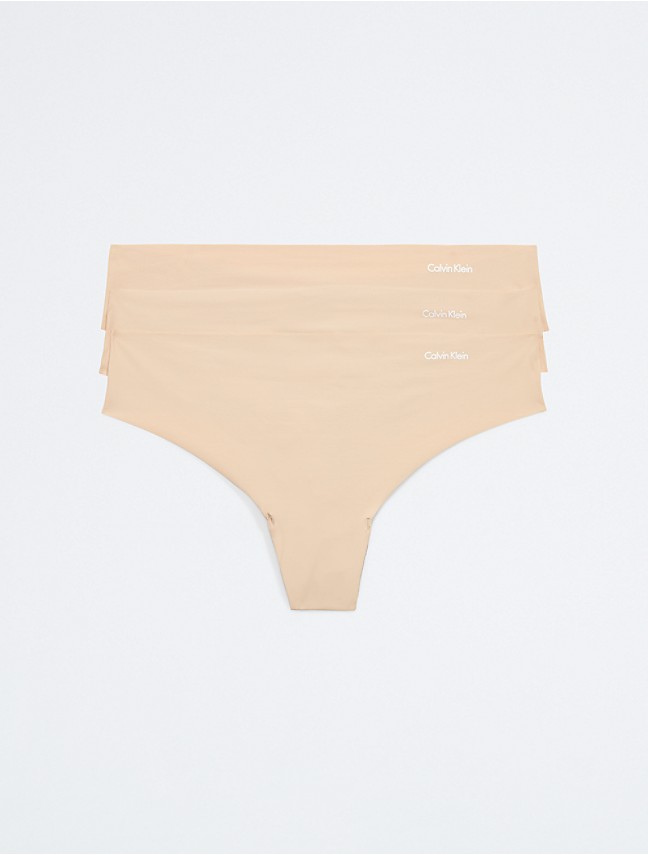 Calvin Klein Underwear Women's Invisibles Thong 3 Pack, BleachedDenim/Buff  Beige/Black, XS